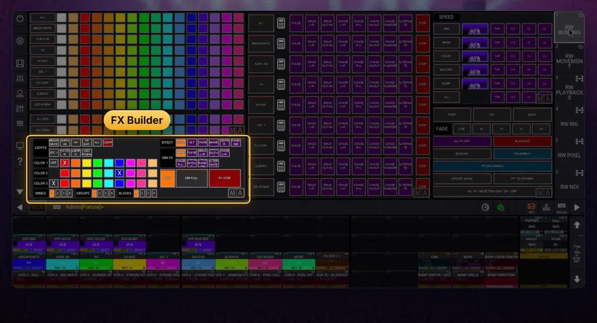 Busking-Seite mit Farben, FX-Builder und Speed-Mastern